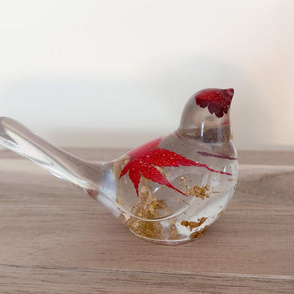 Maple Leaf Songbird - Handmade Resin Bird Maple Leaf & Gold Accents