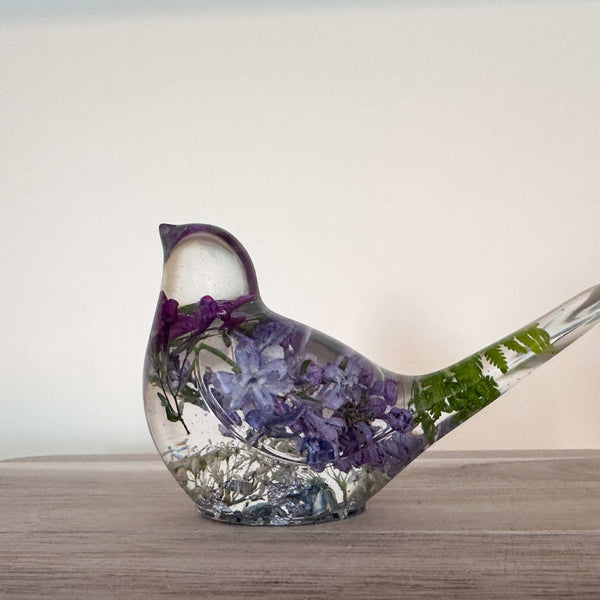 Lilac Whispers – Handmade Resin Bird with Green & Burgundy Accents