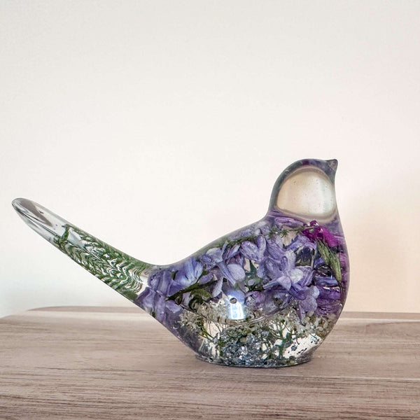 Lilac Whispers – Handmade Resin Bird with Green & Burgundy Accents
