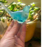 Aurora Wish Songbird teal glow resin bird decor glowing softly in a dark room held in hand