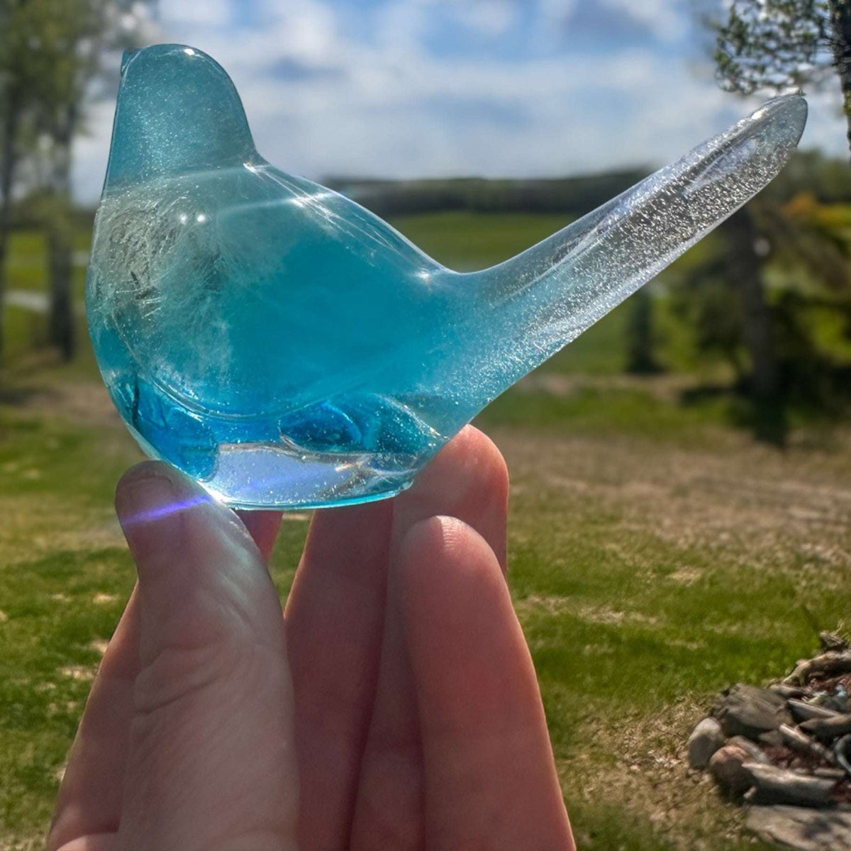 Aurora Wish Songbird teal glow resin bird decor glowing softly in a dark room held in hand