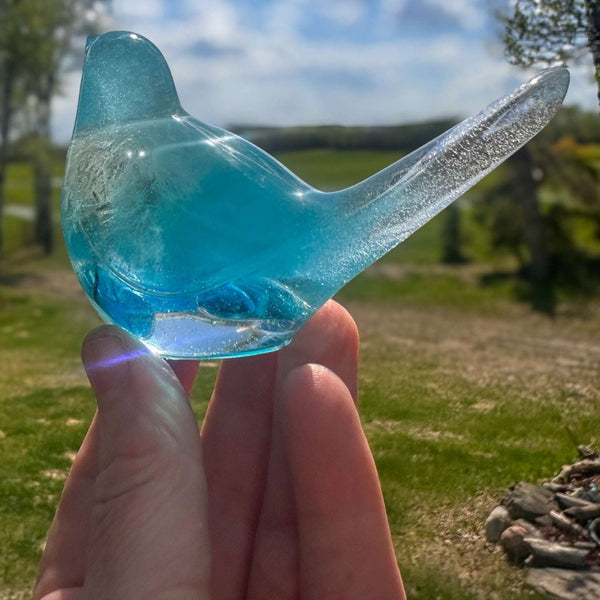 Aurora Wish Songbird teal glow resin bird decor glowing softly in a dark room held in hand