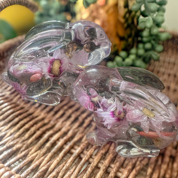 Blossom and Burrow pink floral resin bunny decor with real preserved spring blooms handmade Canada sold as a set of two
