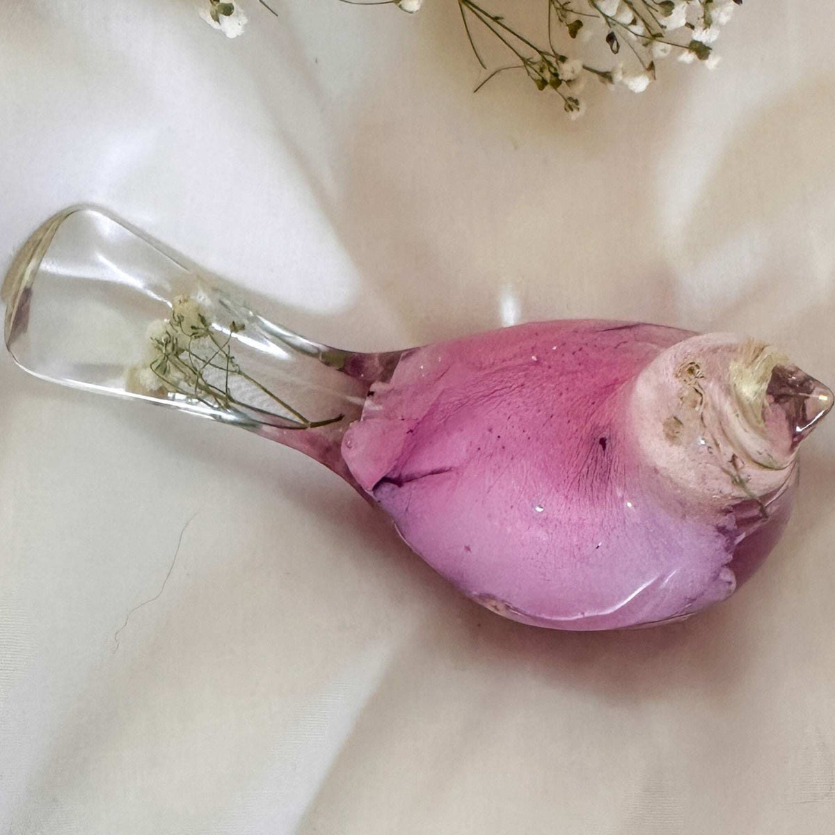 etal and Grace Songbird pink rose petal resin bird decor with real preserved rose petals and baby's breath handmade Canada