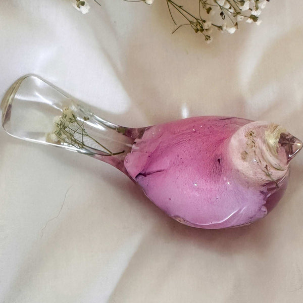 etal and Grace Songbird pink rose petal resin bird decor with real preserved rose petals and baby's breath handmade Canada