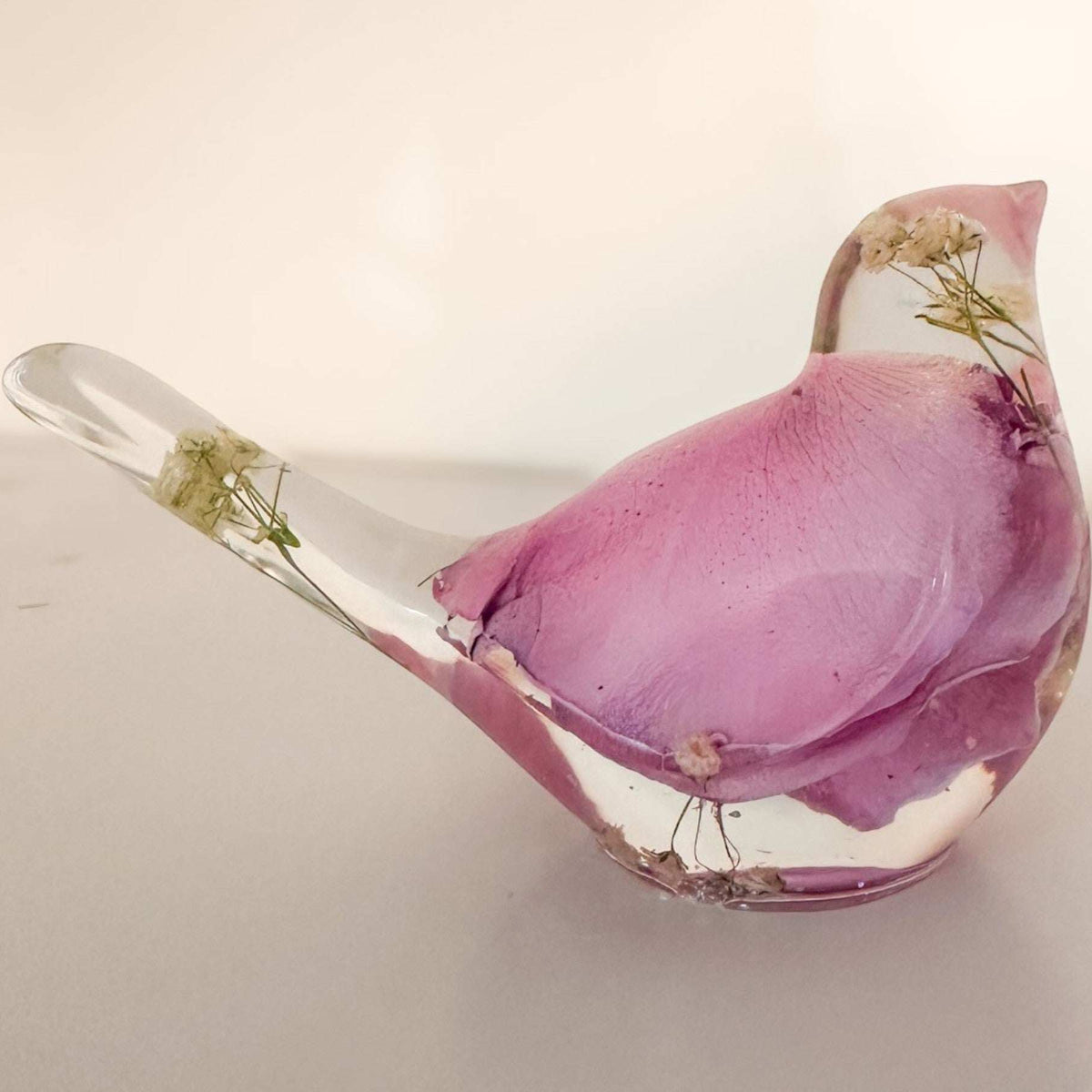 Petal and Grace Songbird pink rose petal resin bird decor with real preserved rose petals and baby's breath handmade Canada
