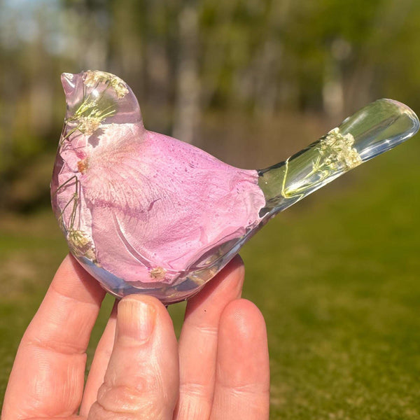 Petal and Grace Songbird pink rose petal resin bird decor with real preserved rose petals and baby's breath handmade Canada