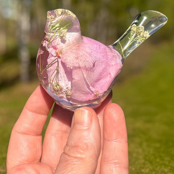 Petal and Grace Songbird pink rose petal resin bird decor with real preserved rose petals and baby's breath handmade Canada