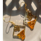 Handmade honey bee drip earrings with gold bee charm & hypoallergenic hooks. One of a kind, made in Cold Lake, Alberta.