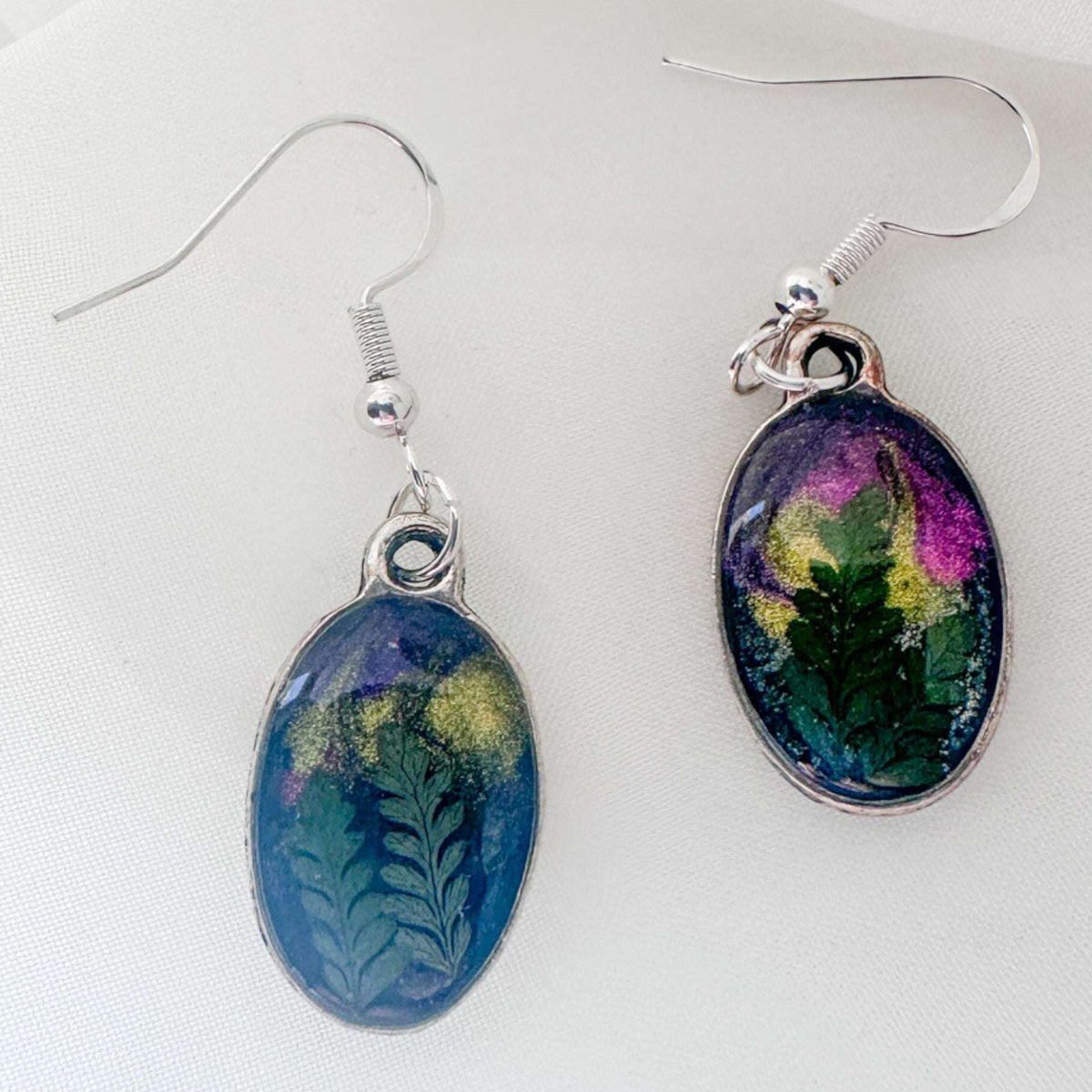 Northern Lights Forest Earrings - Handmade Real Ferns and Aurora Sky