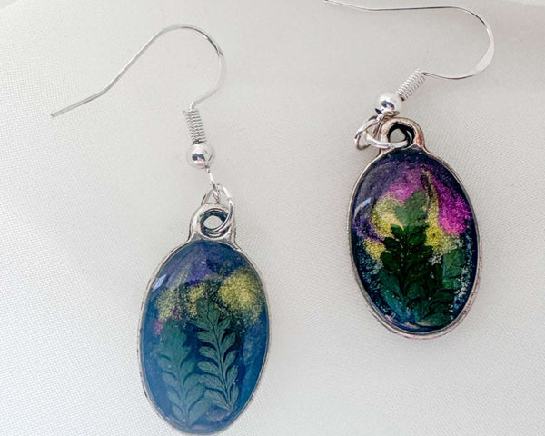 Northern Lights Forest Earrings - Handmade Real Ferns and Aurora Sky
