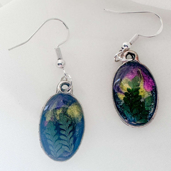 Northern Lights Forest Earrings - Handmade Real Ferns and Aurora Sky