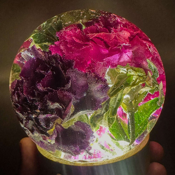 Handcrafted floral resin sphere with dark pink and purple carnations and LED light base glowing as a decorative garden centerpiece