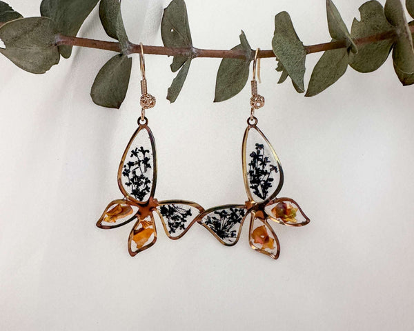 Butterfly Golden Whispers - Handmade Botanical Resin Pearl Earrings