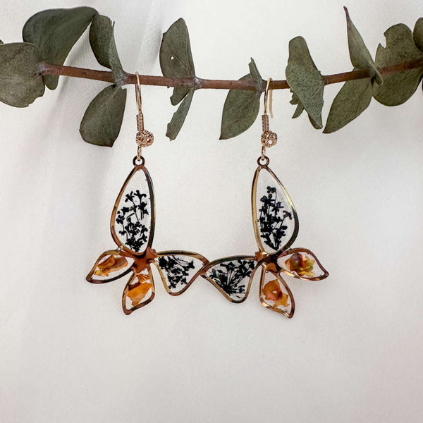 Butterfly Golden Whispers - Handmade Botanical Resin Pearl Earrings