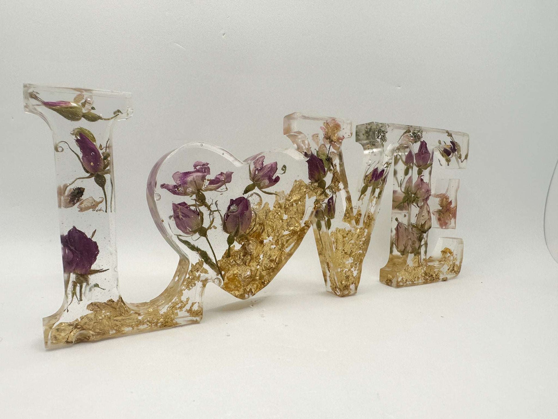 LOVE Home Decor Handmade Word Art created wtih Resin, Rose Buds & Gold