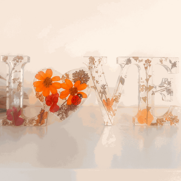 Wildflower LOVE word art with real pressed flowers and ladybug encased in clear resin decor