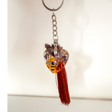 Honeybee Heart Bag Charm with rhinestone bee, pressed purple flowers, enamel bee charm, and copper tassel in clear resin heart keychain
