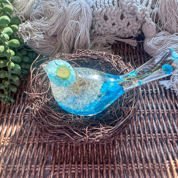 Wish Blue Bird: Petal Whispers & Dreams Handmade Resin Floral Bird