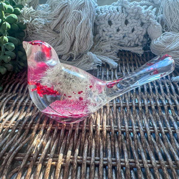 Wish Bird: Dandelion Dreams & Floral Whispers Handmade Resin Red Bird