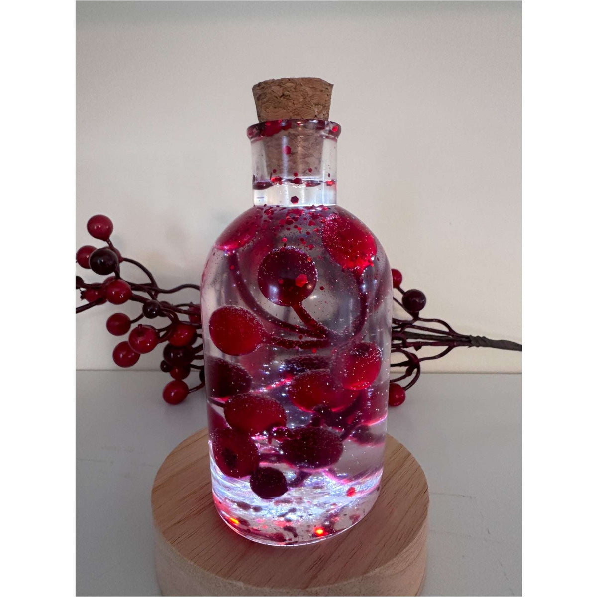 Berry Magic in a Bottle -Sparkling Red Berry Handmade Decor with Light