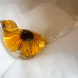 Handmade Golden Meadow resin bird with preserved Black-Eyed Susan flower and gold leaf accents for botanical home decor