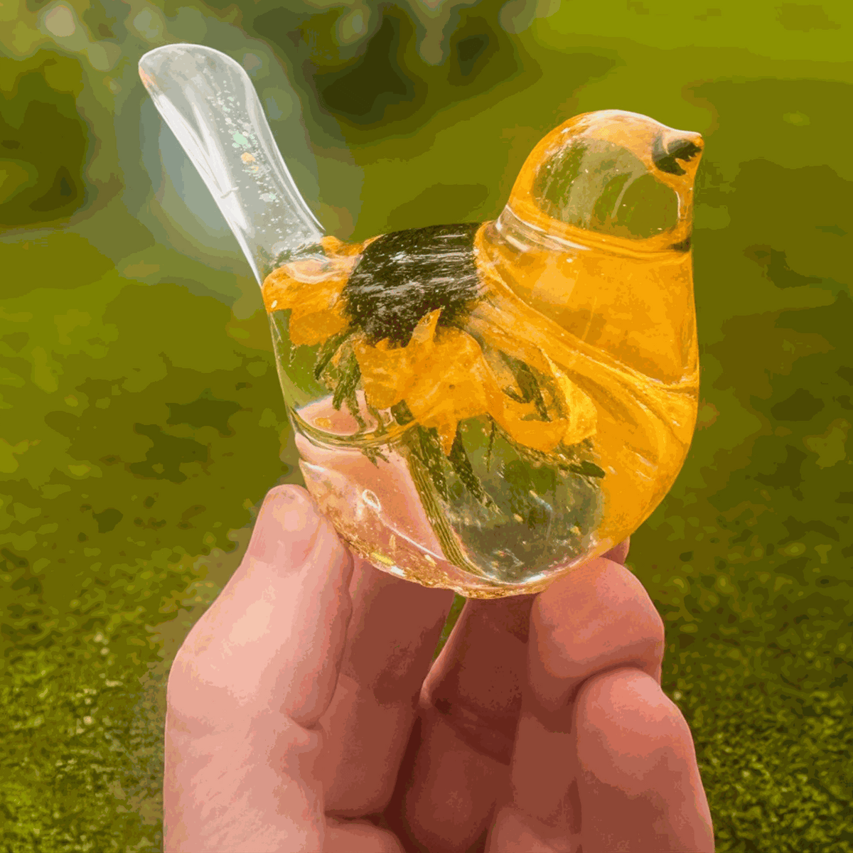 Handmade Golden Meadow resin bird with preserved Black-Eyed Susan and gold leaf botanical decor