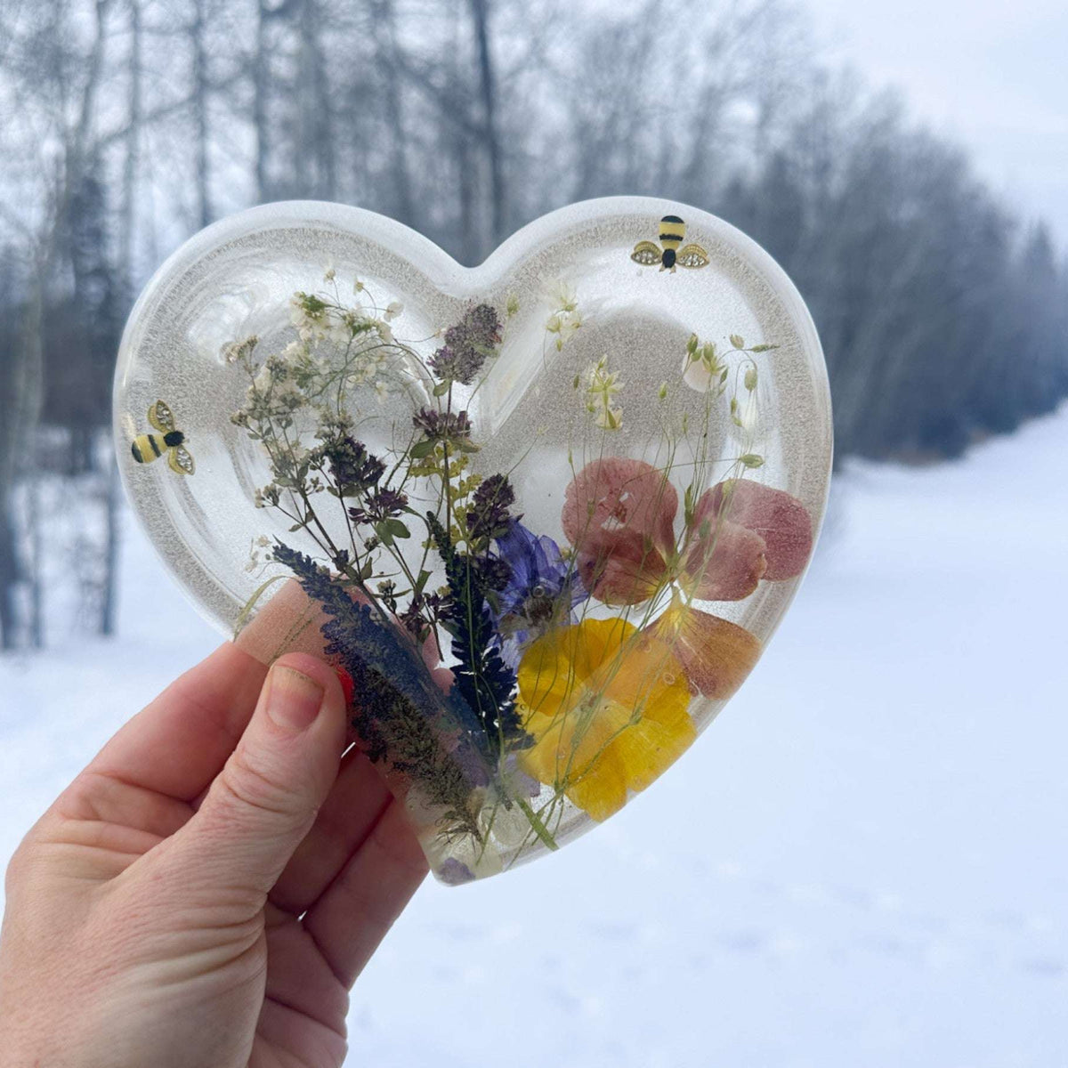 Enchanted Garden Handcrafted Heart Resin Tray with Real Flowers