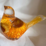 Strawflower resin bird pair with preserved golden yellow blooms and gold leaf shimmer