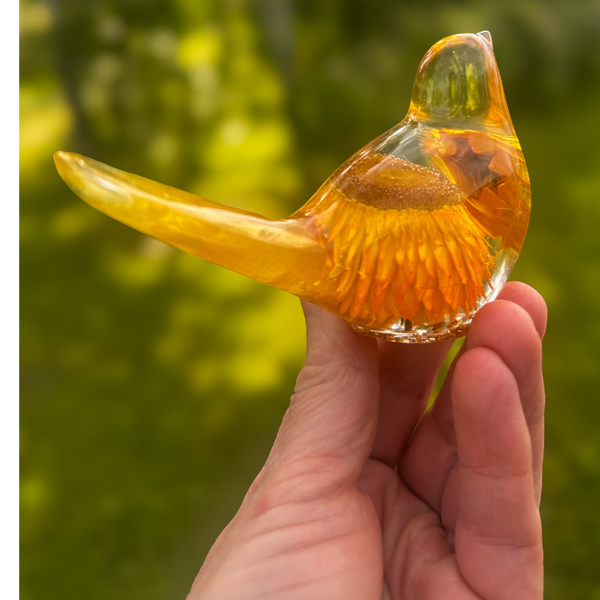 Golden strawflower resin bird pair with preserved yellow blooms and gold leaf shimmer