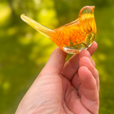 Strawflower resin bird pair with preserved yellow and amber blooms in clear resin forms