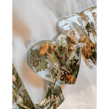 Boreal Mushroom LOVE word art with hand-foraged mushrooms, ferns, moss, and gold leaf in clear resin letters