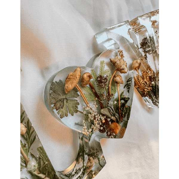 Boreal Mushroom LOVE word art with hand-foraged mushrooms, ferns, moss, and gold leaf in clear resin letters