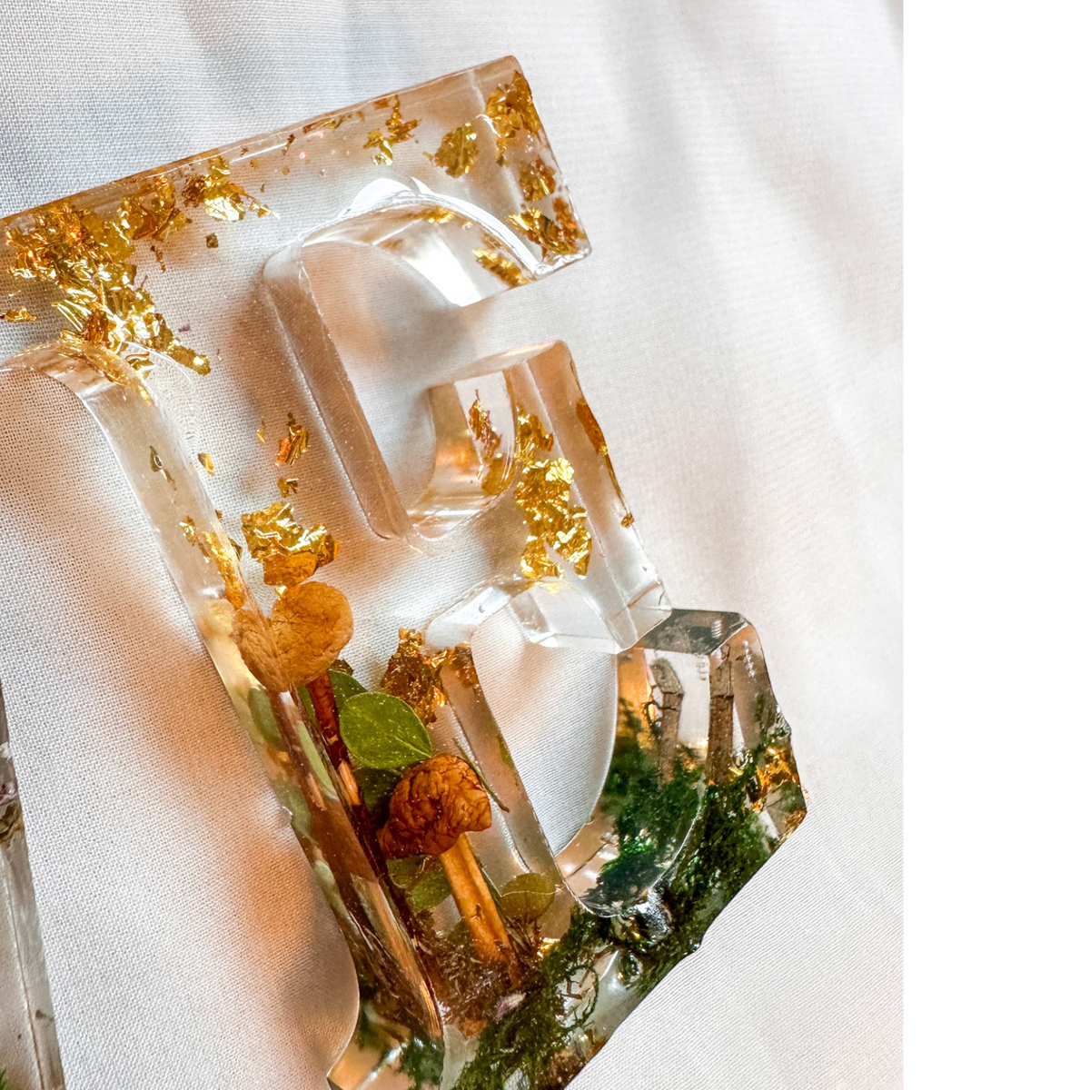 Boreal Mushroom LOVE resin word art with real mushrooms, ferns, moss, and gold leaf accents