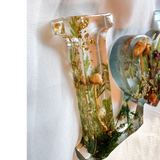 Boreal Mushroom LOVE word art with real hand-foraged mushrooms, ferns, moss, and gold leaf in clear resin letters