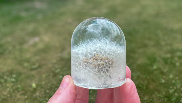 Clear glass sphere with snow held in a hand against a grassy background