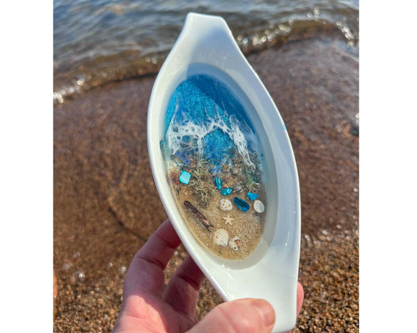 Ocean Porcelain Tray - Handmade Resin Coastal Decor with Real Seashells