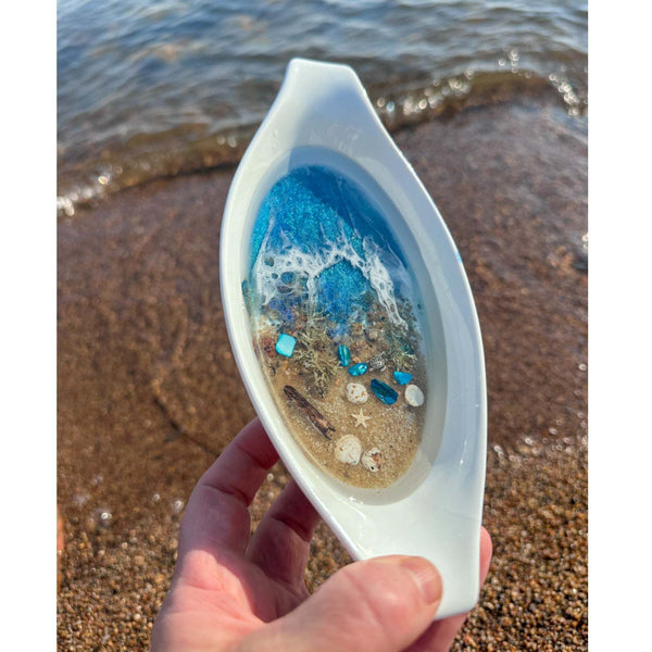 Ocean Porcelain Tray - Handmade Resin Coastal Decor with Real Seashells