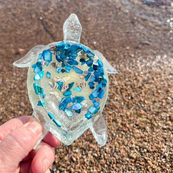 Ocean Treasure Turtle Trinket Tray–Handmade Resin Turtle with Seashell