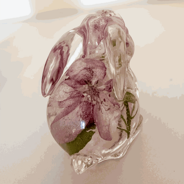 Pair of handmade apple blossom bunnies filled with preserved apple blossoms in clear resin decor
