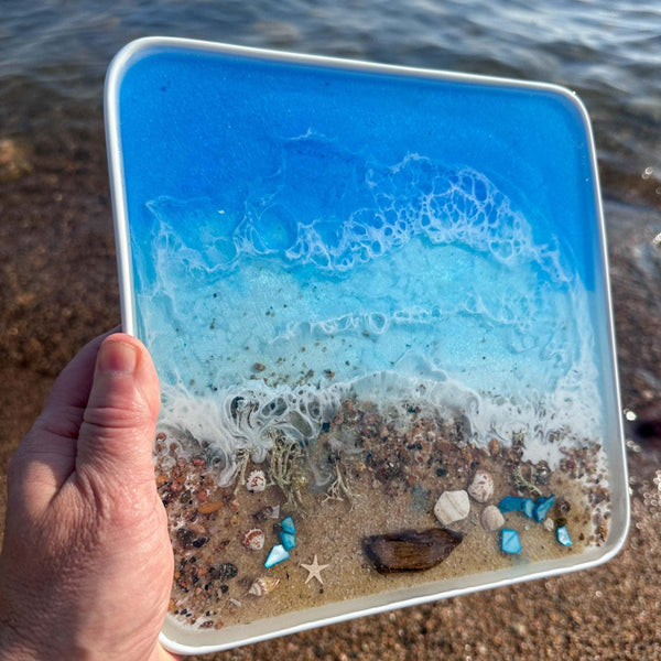 Ocean Dreams Porcelain Tray - Handmade Resin Ocean Tray with Seashells