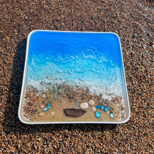Ocean Dreams Porcelain Tray - Handmade Resin Ocean Tray with Seashells