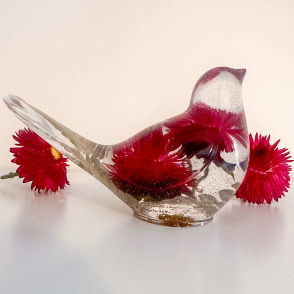 Crimson Meadow Songbird handmade resin bird with preserved deep pink strawflowers and green fern décor