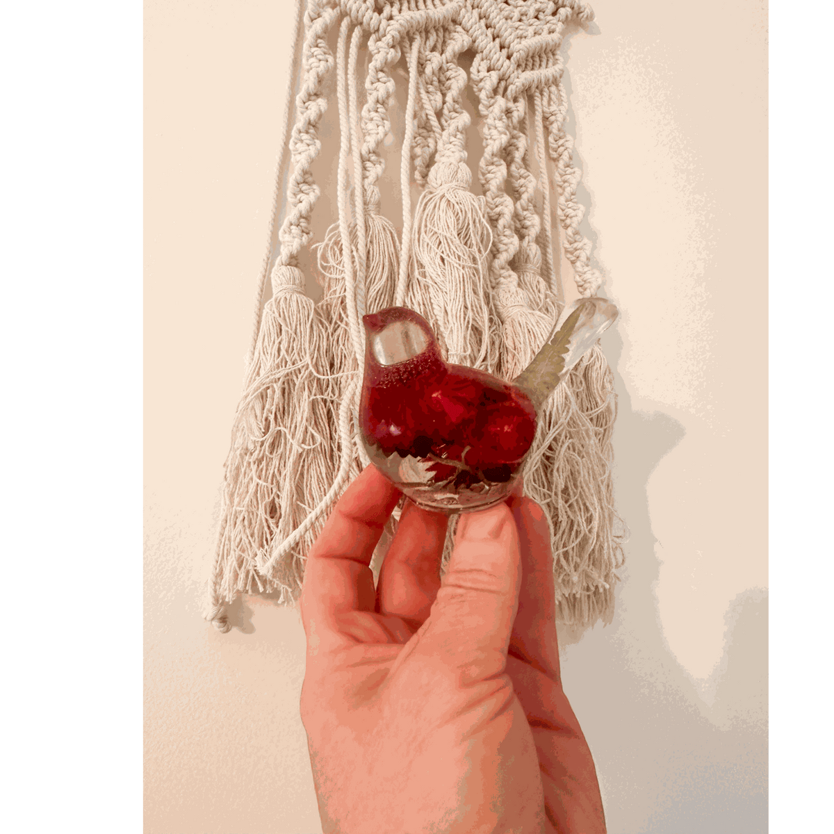 Crimson Meadow Songbird resin decor with preserved deep pink strawflowers and green fern handcrafted in clear resin