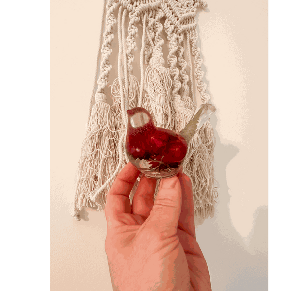 Crimson Meadow Songbird resin decor with preserved deep pink strawflowers and green fern handcrafted in clear resin