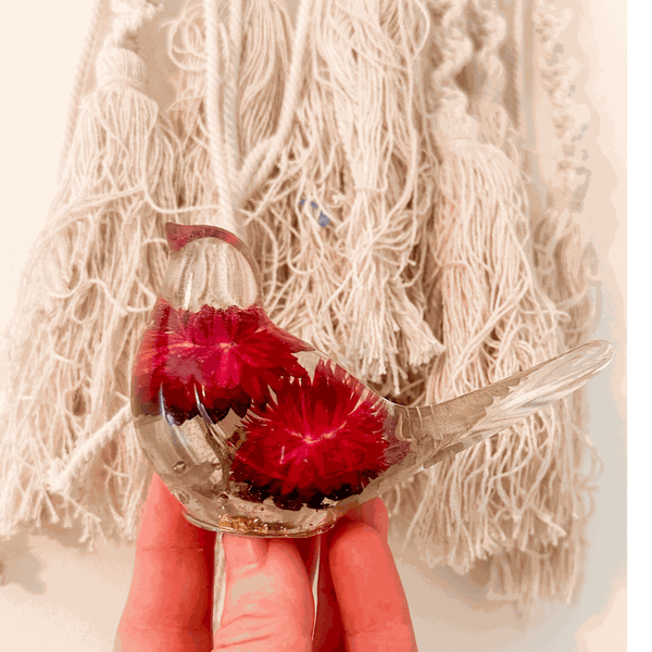 Handmade Crimson Meadow Songbird resin decor with real deep pink strawflowers and green fern inside