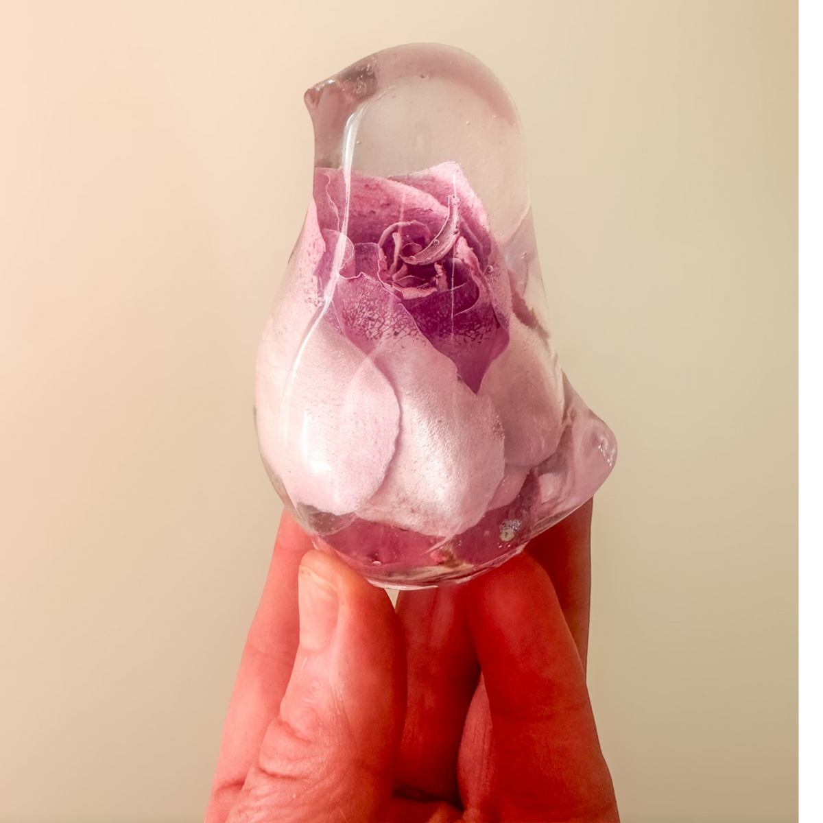 Pink rose resin bird decor with preserved blush rose inside clear resin
