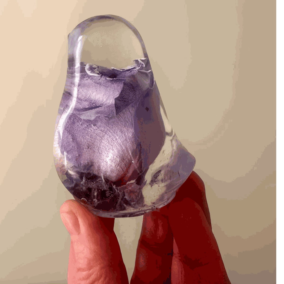 Handcrafted purple rose preserved inside clear resin bird decor, Lavender Rose Songbird standing 3 inches tall