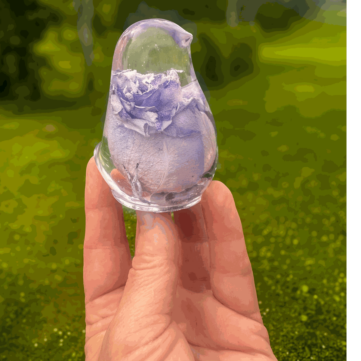 Purple rose preserved inside clear resin bird sculpture with lavender and violet tones