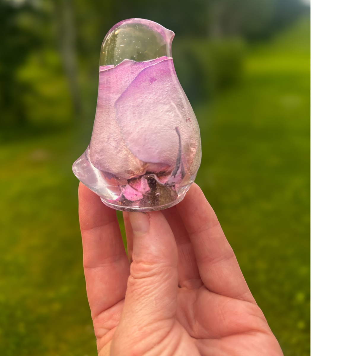 Pink rose resin bird decor with preserved blush rose inside clear resin sculpture